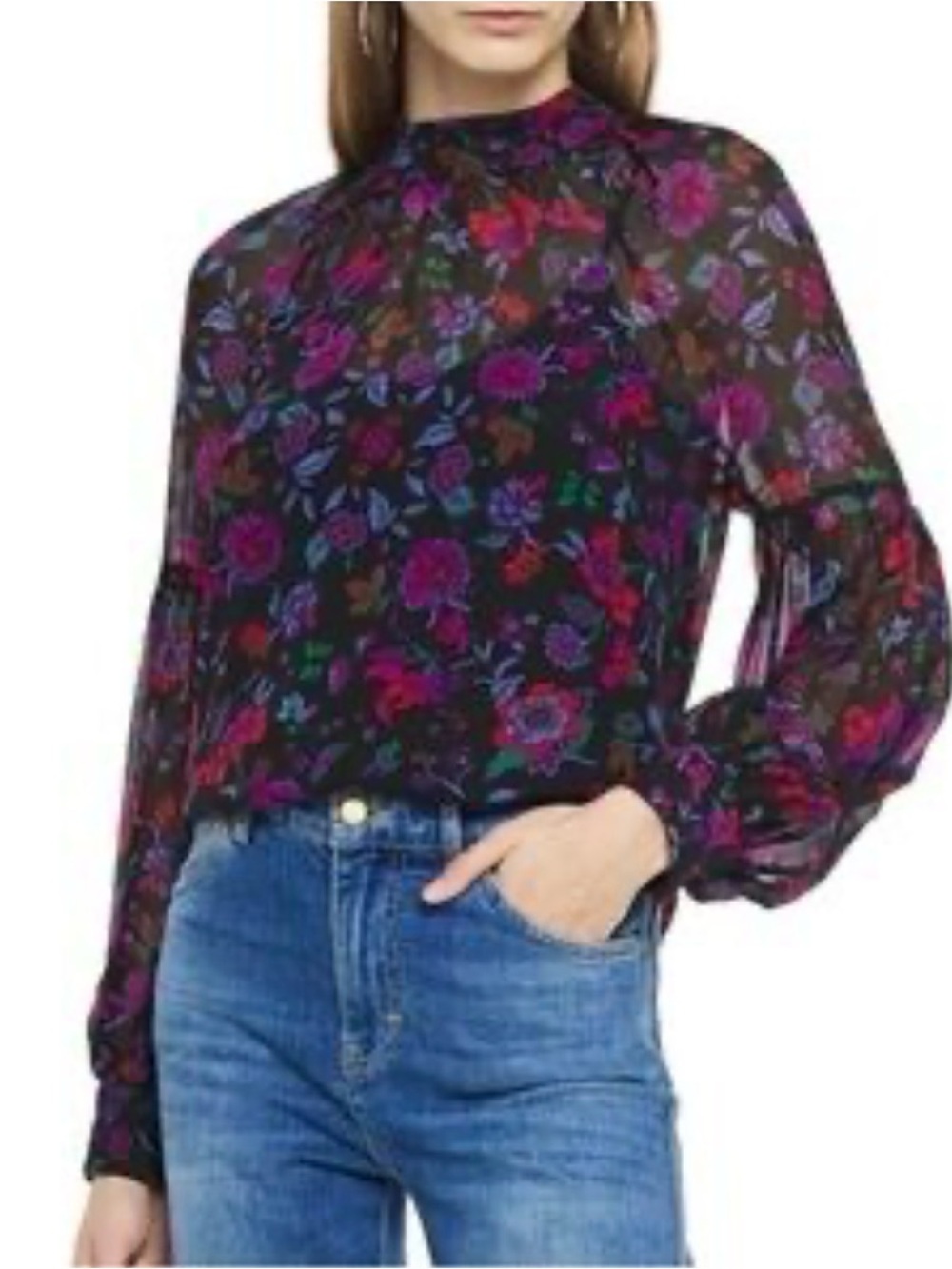 Veronica Beard Sheer Mock-Neck Blouse with Floral Pink Purple Red Pattern